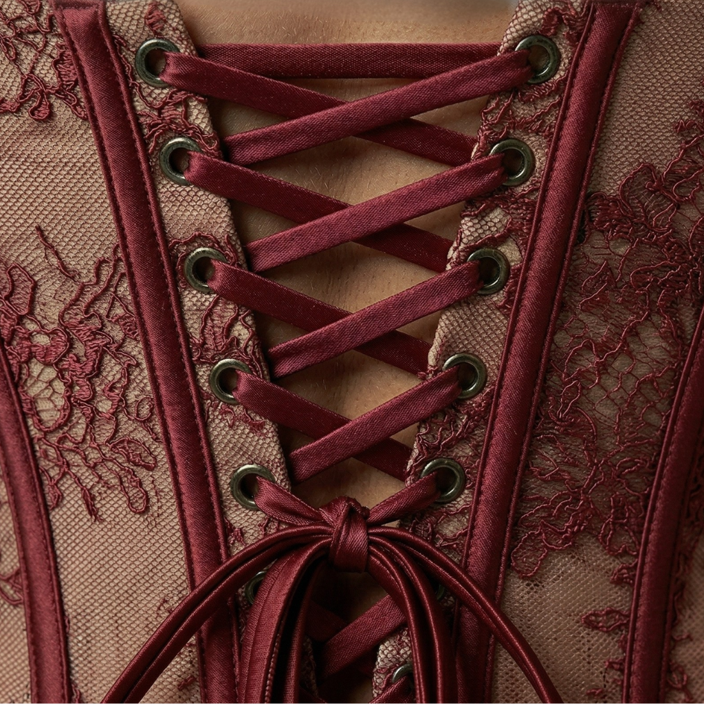 Close-up of a lace-up garment with red laces and floral embroidery.