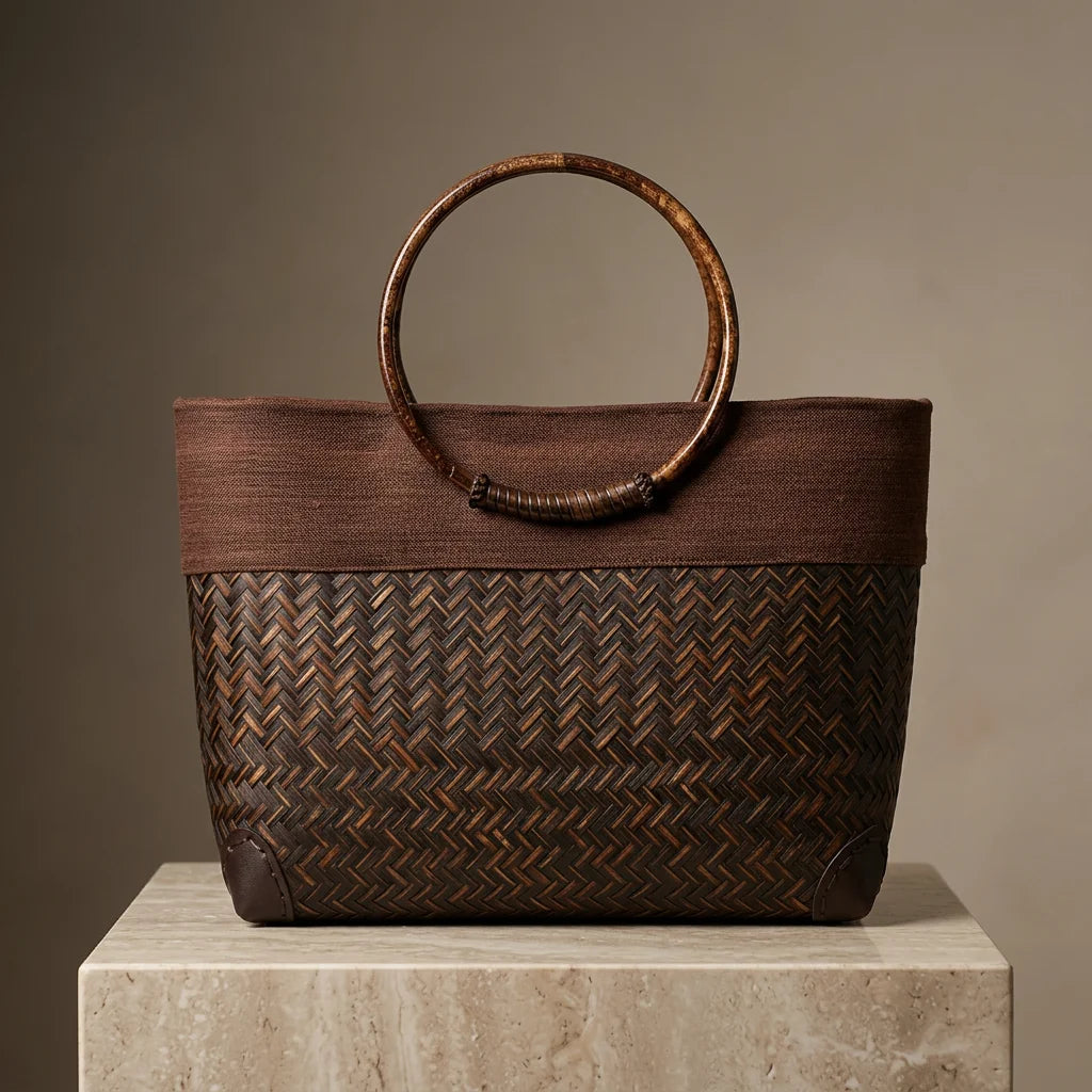 Brown woven handbag with a circular handle on a beige surface and brown background