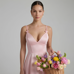 Woman in a pink dress holding a basket of flowers against a gray background