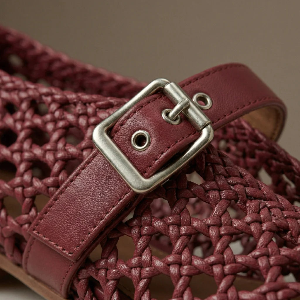 Close-up of a maroon woven sandal with a silver buckle on a neutral background