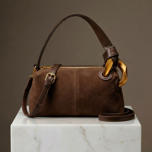 Brown leather handbag with gold accents on a marble surface against a brown background