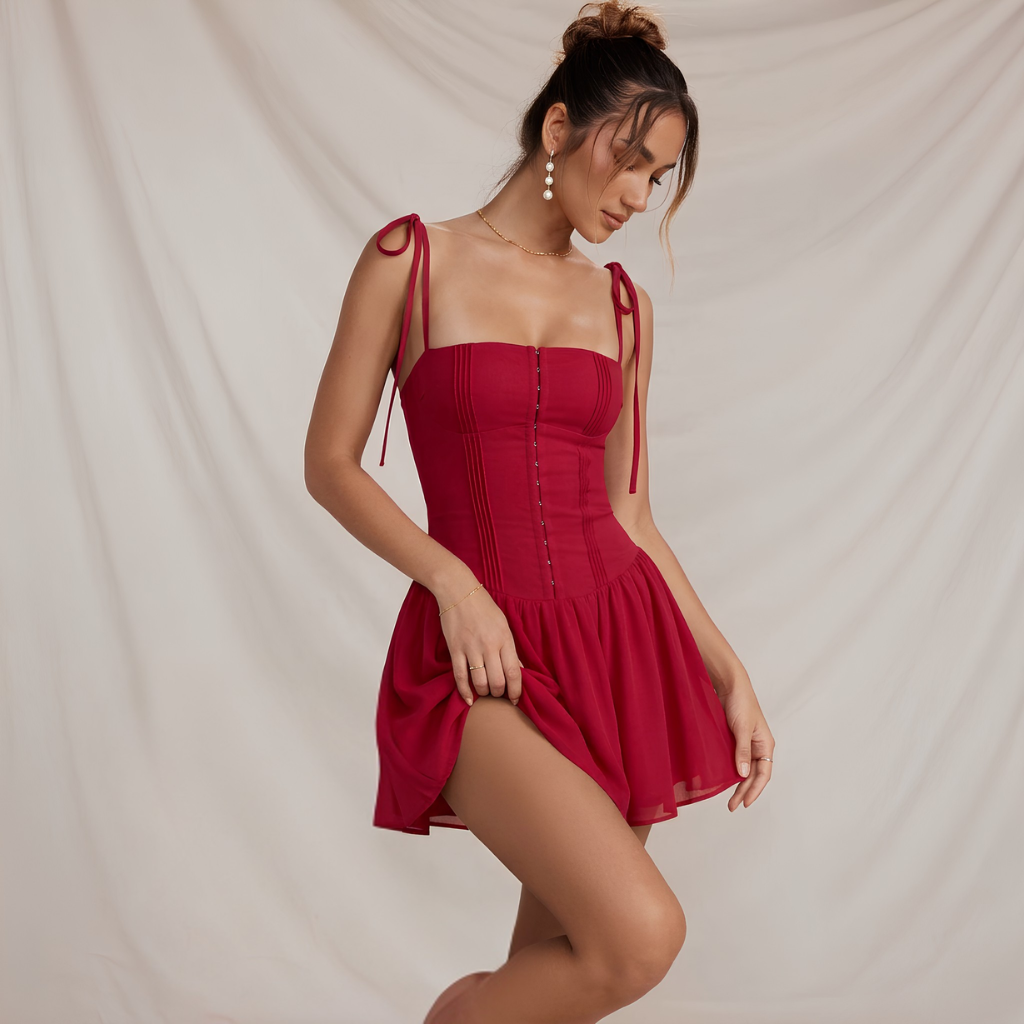 Woman wearing a red dress with thin straps against a plain background