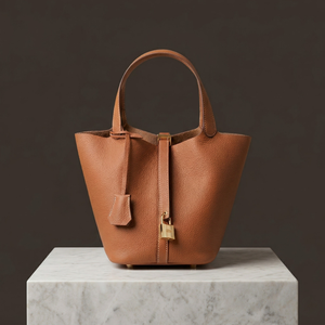 Brown leather handbag on a marble pedestal with a dark background
