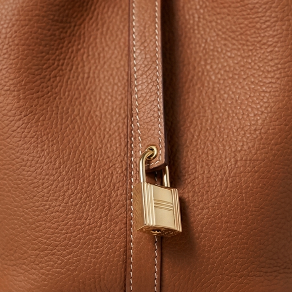Close-up of a brown leather bag with a gold padlock.