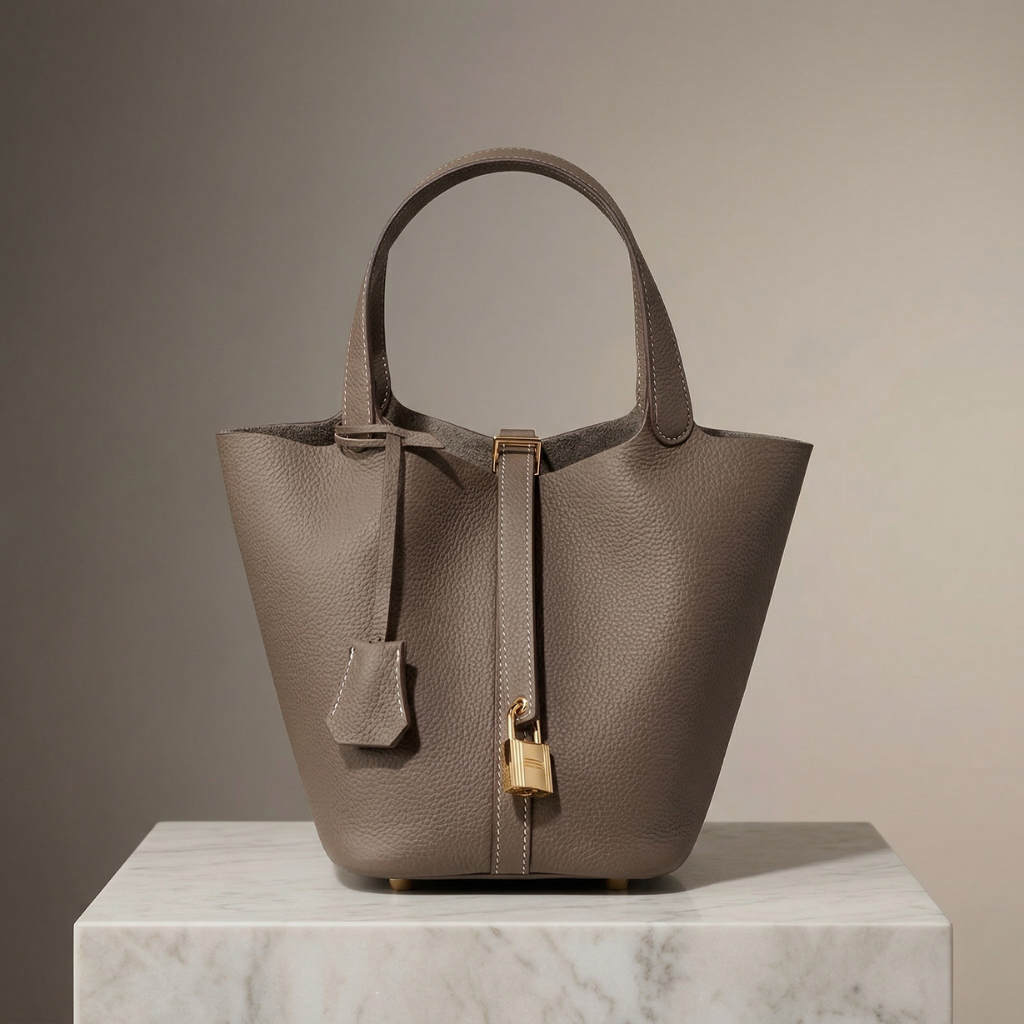 Brown leather handbag with a gold lock on a marble surface against a neutral background