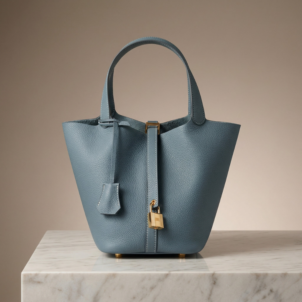 Blue handbag with a gold lock on a marble surface and beige background