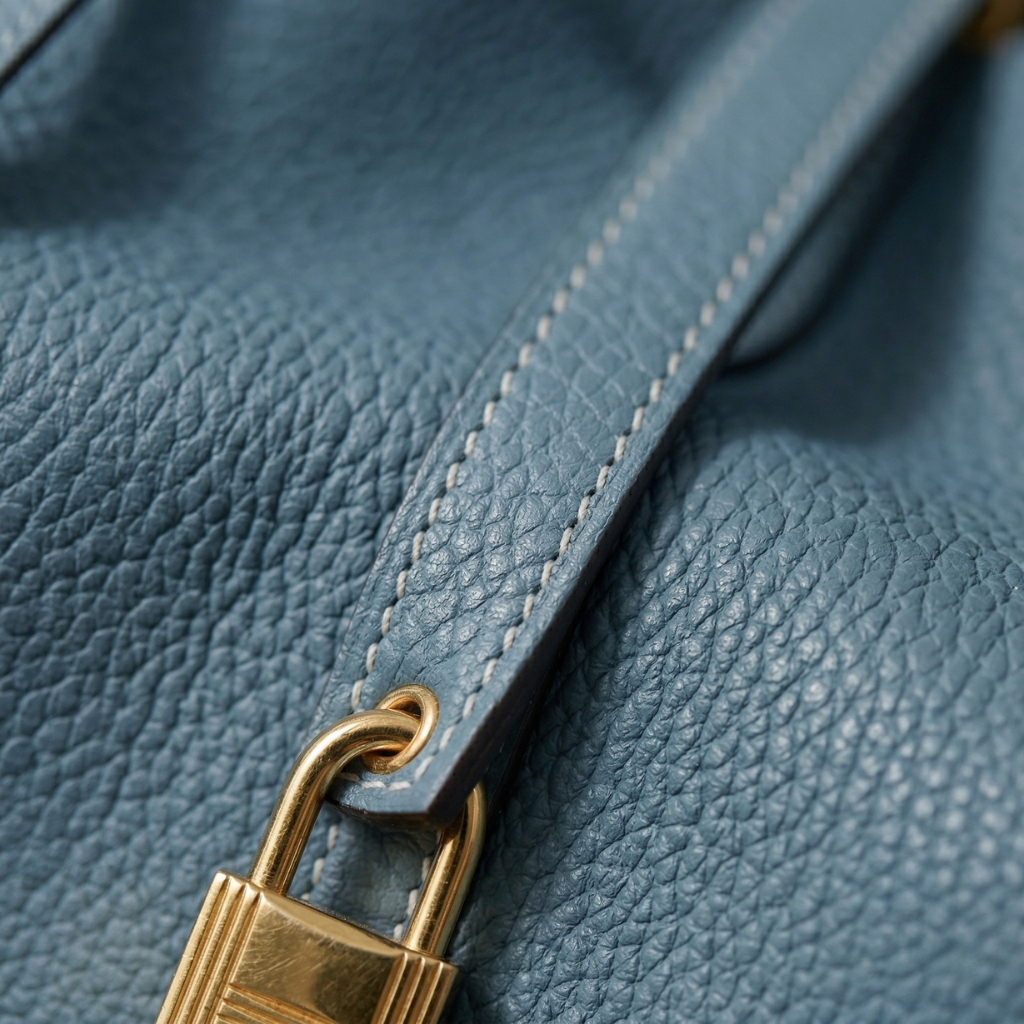 Close-up of a blue leather bag with a gold lock.