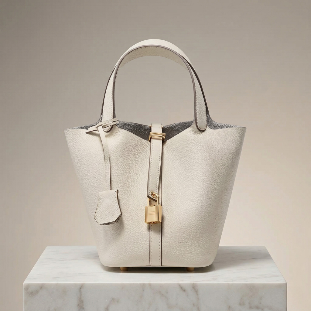 White handbag with gold accents on a marble surface