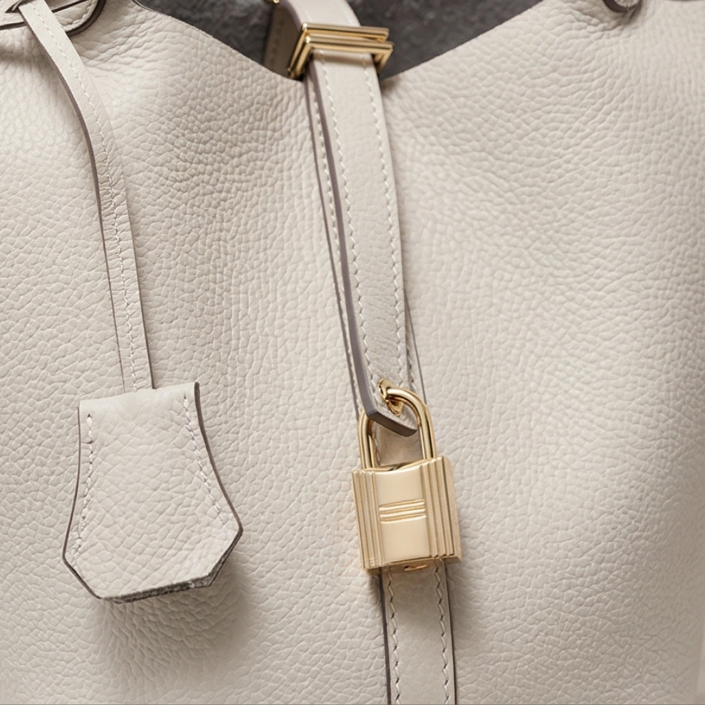 Close-up of a light gray leather handbag with a gold padlock on a matching strap.