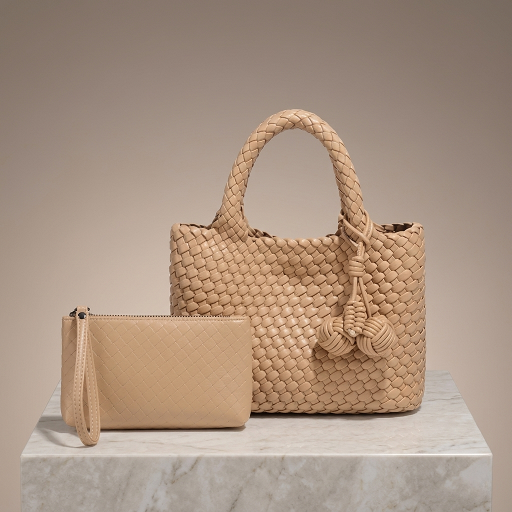 Beige woven handbag and matching pouch on a neutral background