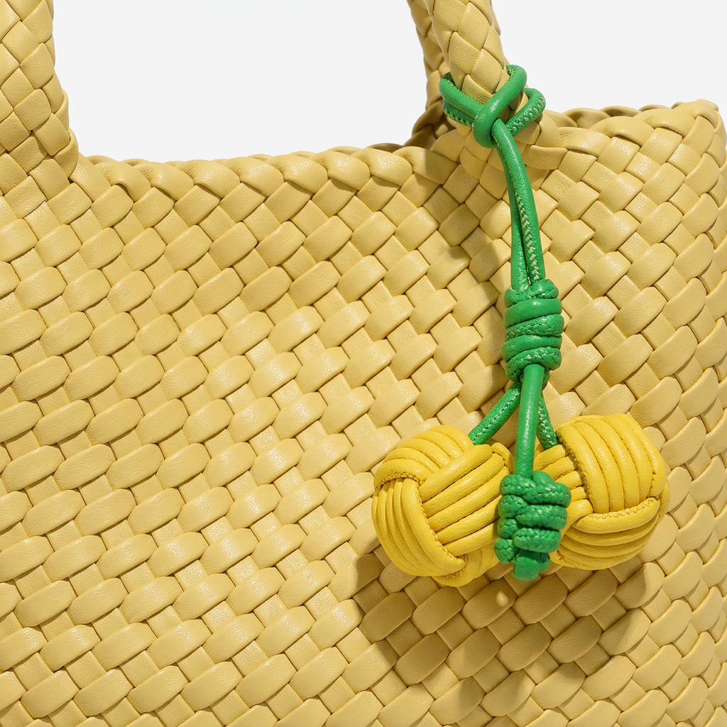 Yellow woven bag with a green and yellow decorative knot charm on a white background