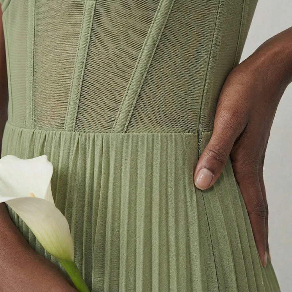 Green pleated dress with a white flower held by a hand against a neutral background