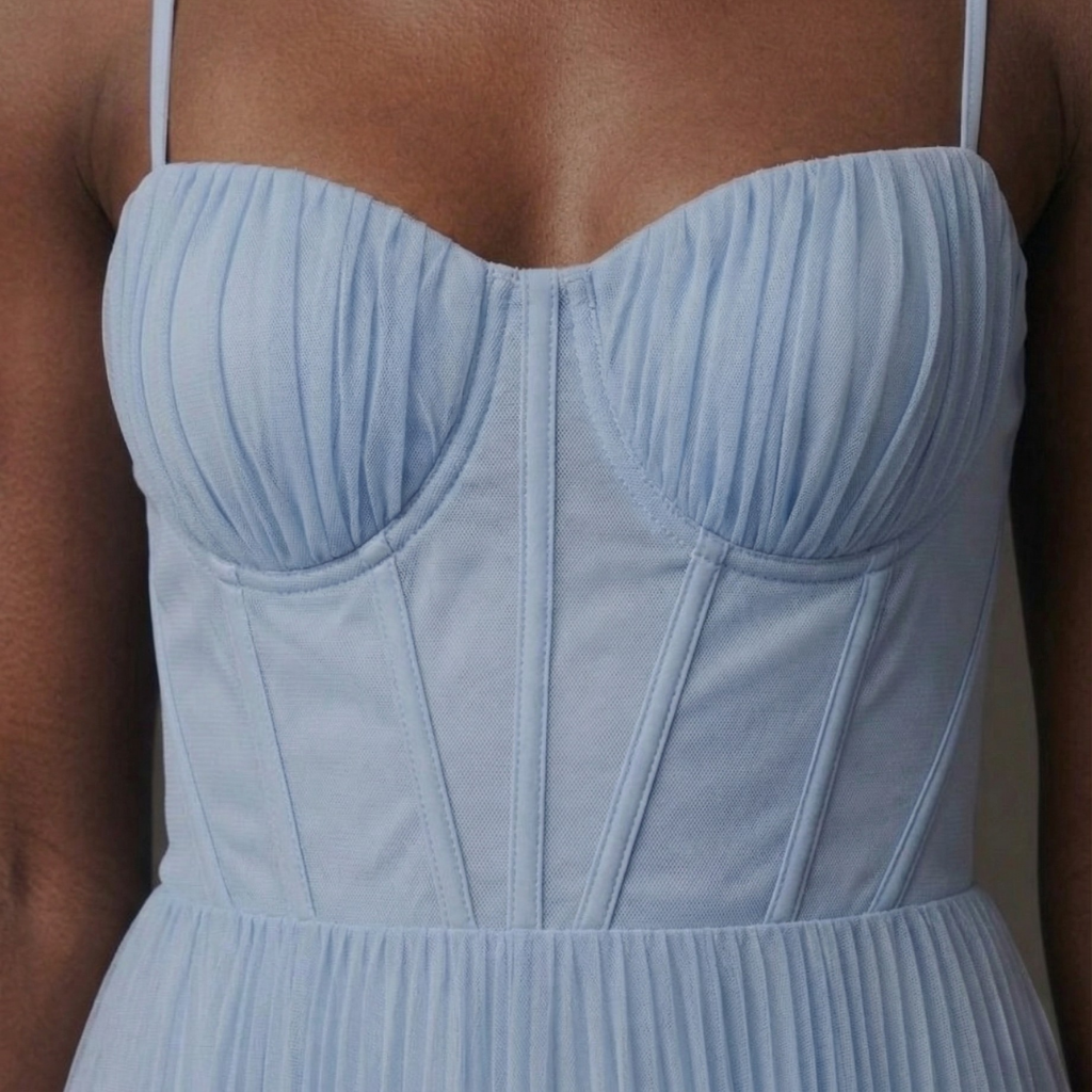 Light blue strapless dress with pleated bodice on a person.