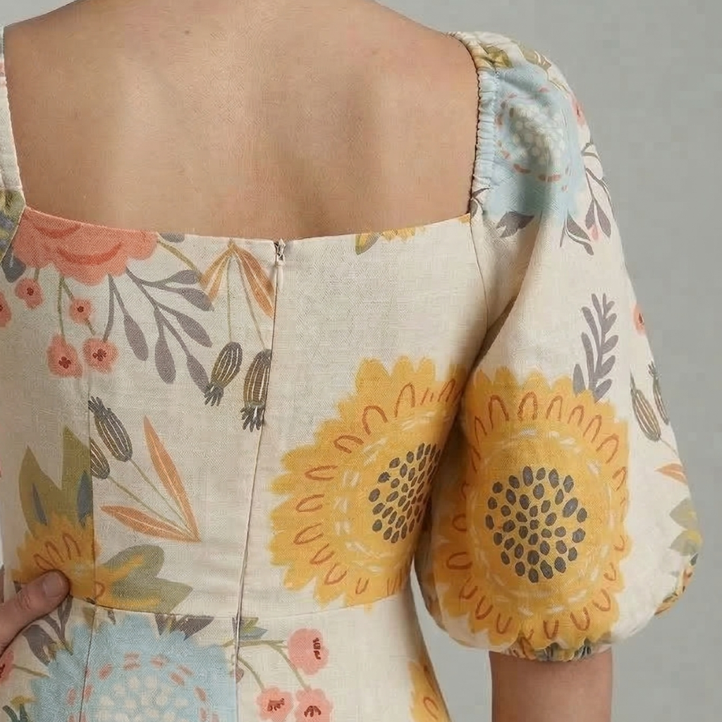 Floral-patterned garment with a focus on the back and shoulder area.