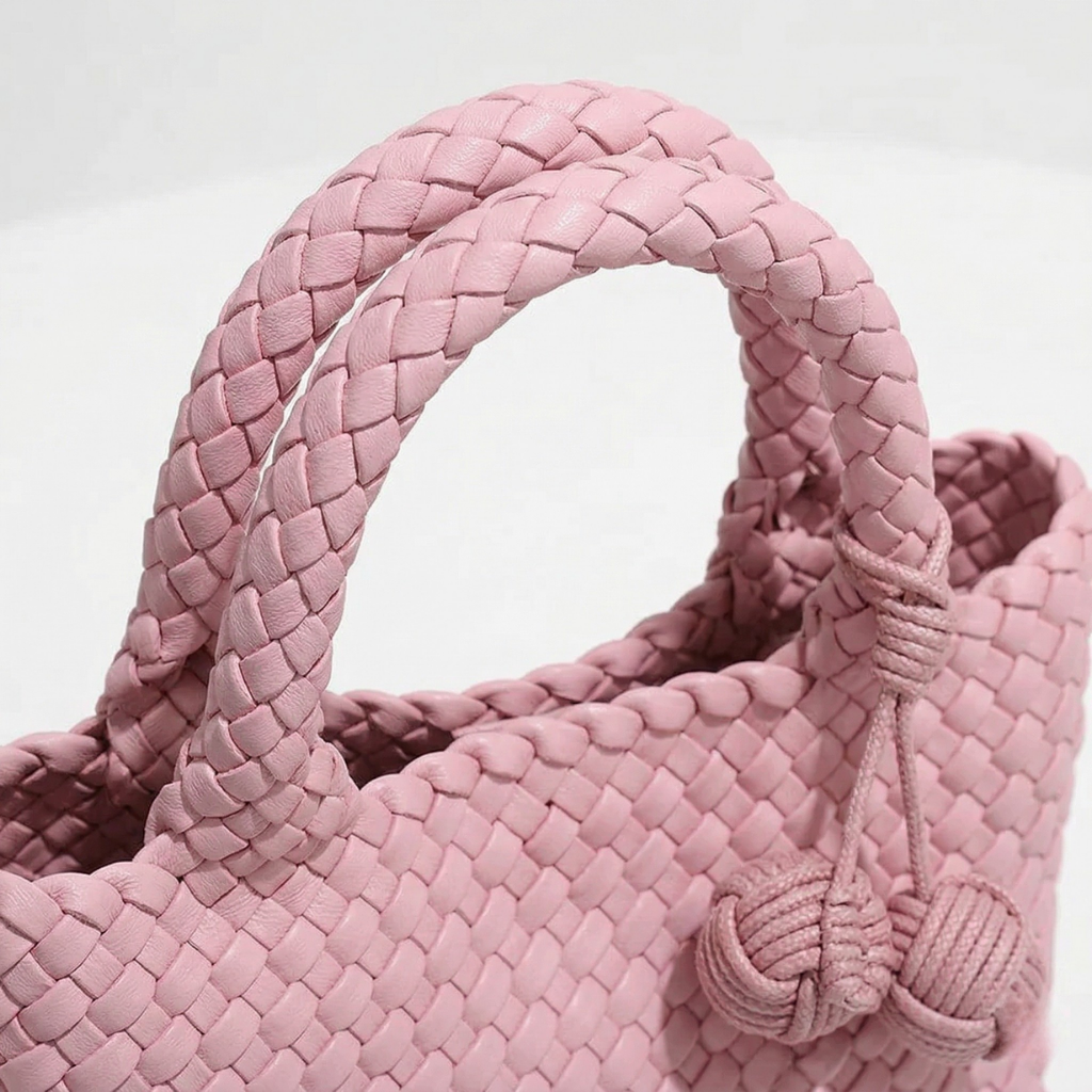 Close-up of a pink woven handbag with a decorative knot on a white background