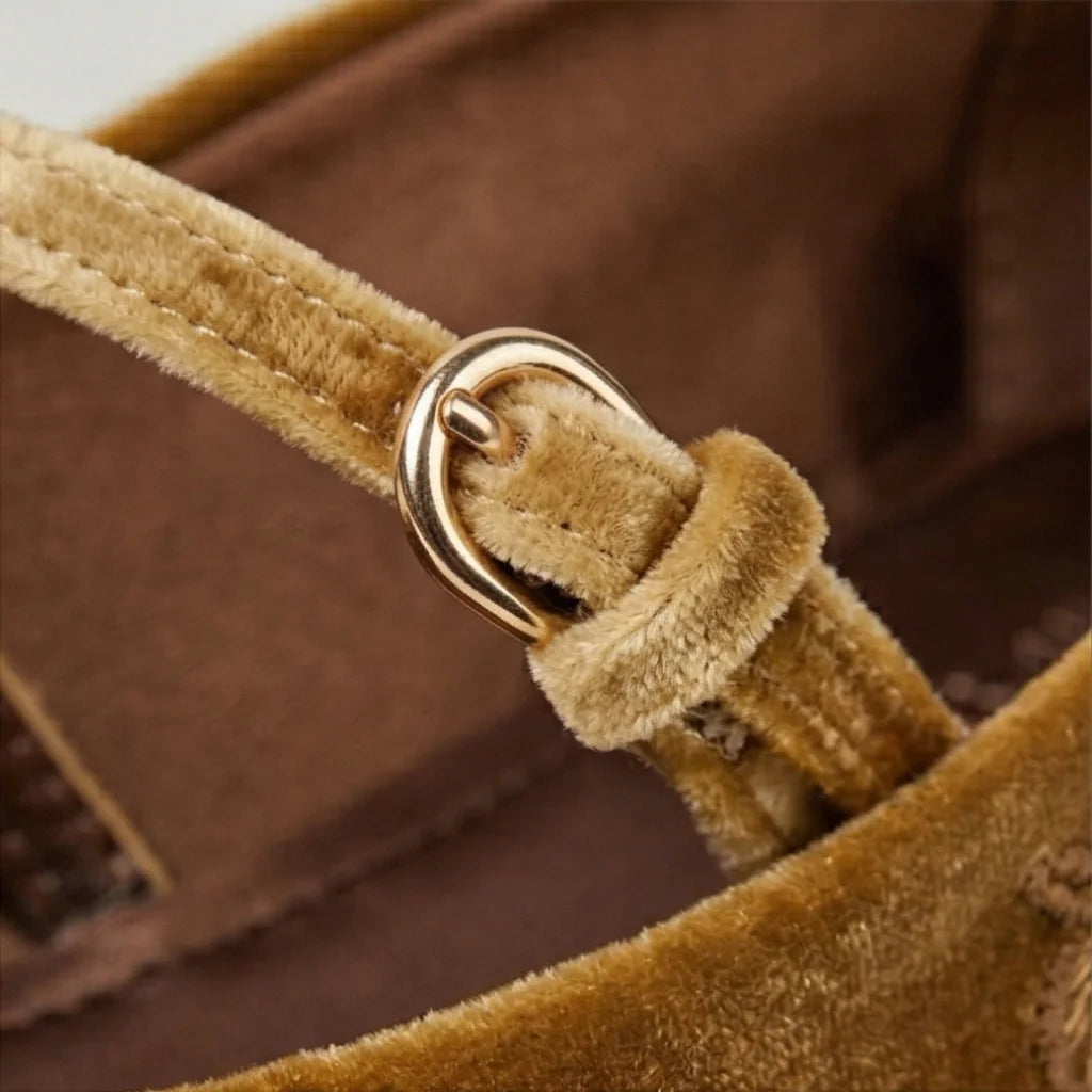 Close-up of a brown velvet bag with a gold buckle on a brown background