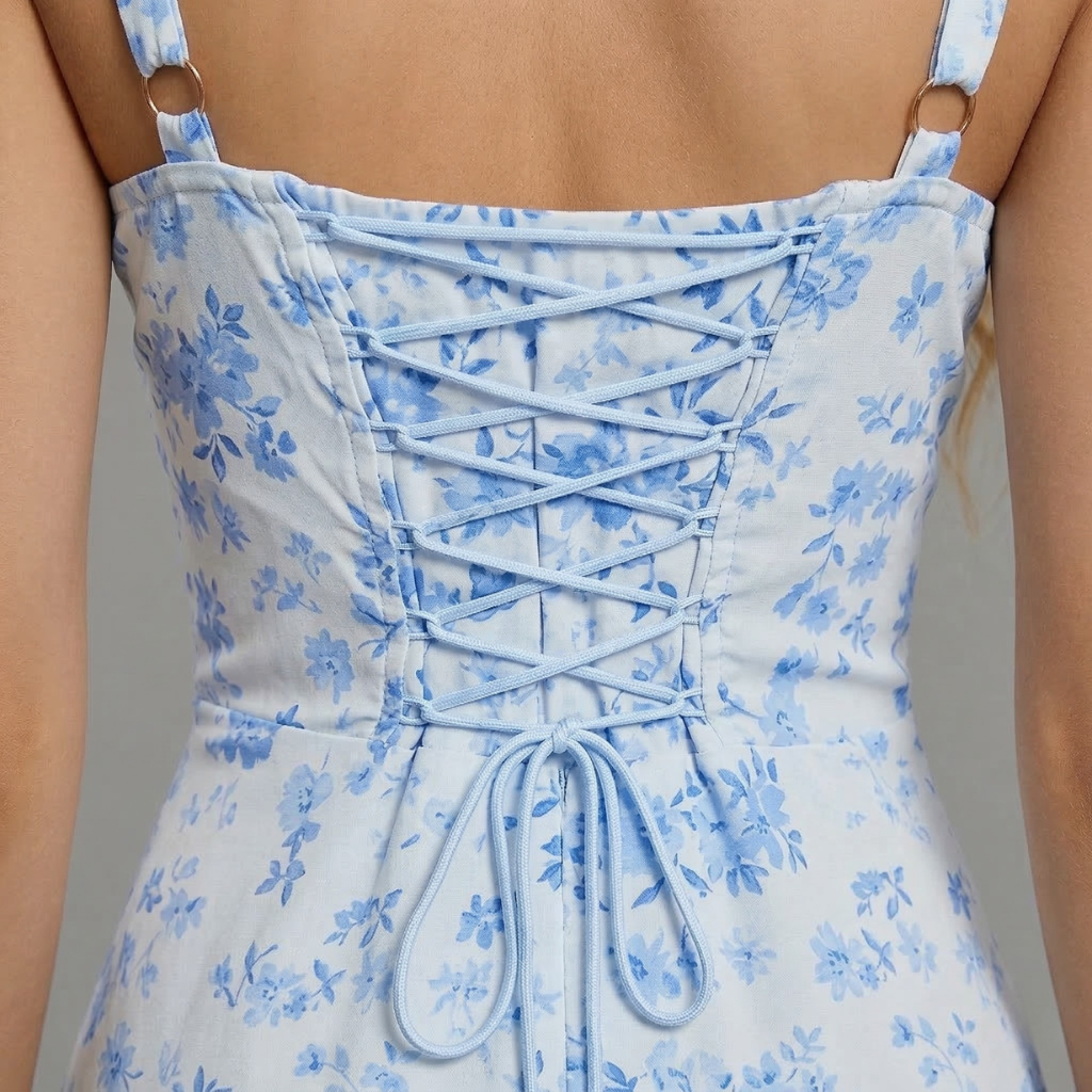 Blue floral dress with lace-up front on a neutral background