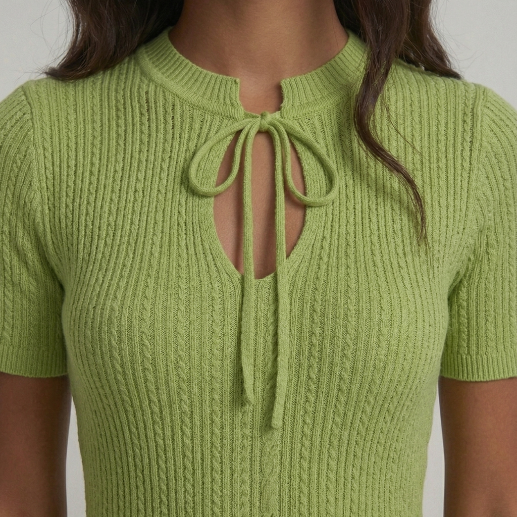 Green knitted top with a tie detail on a plain background