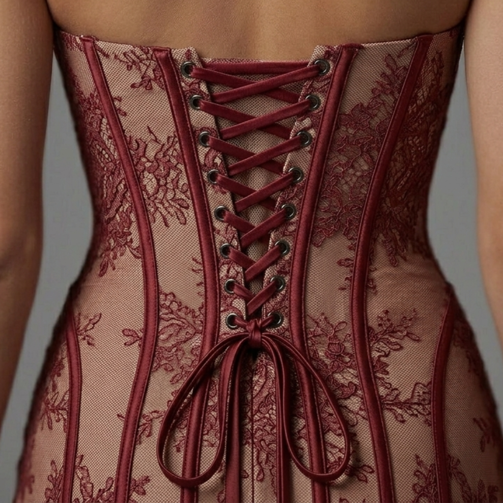Close-up of a lace-up corset with floral patterns on a neutral background