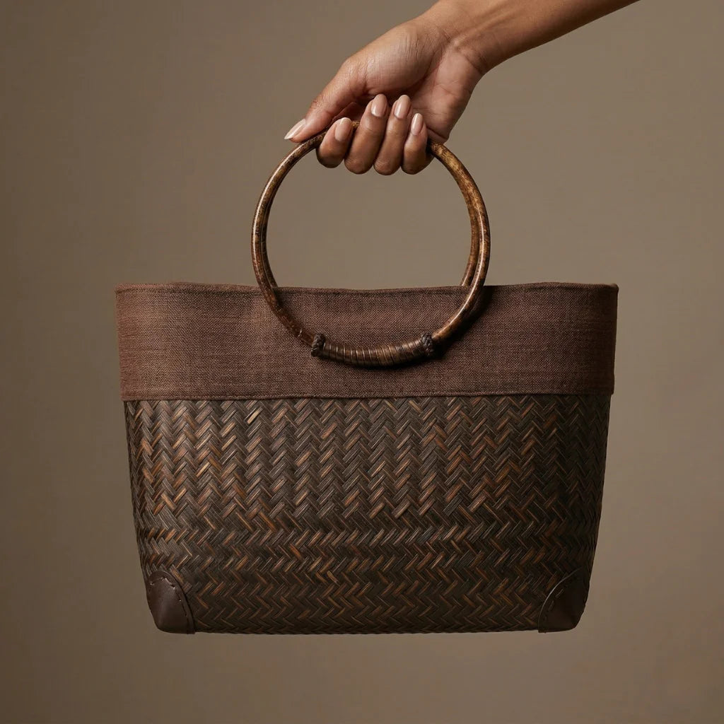Brown woven handbag with circular handle held by a hand against a brown background