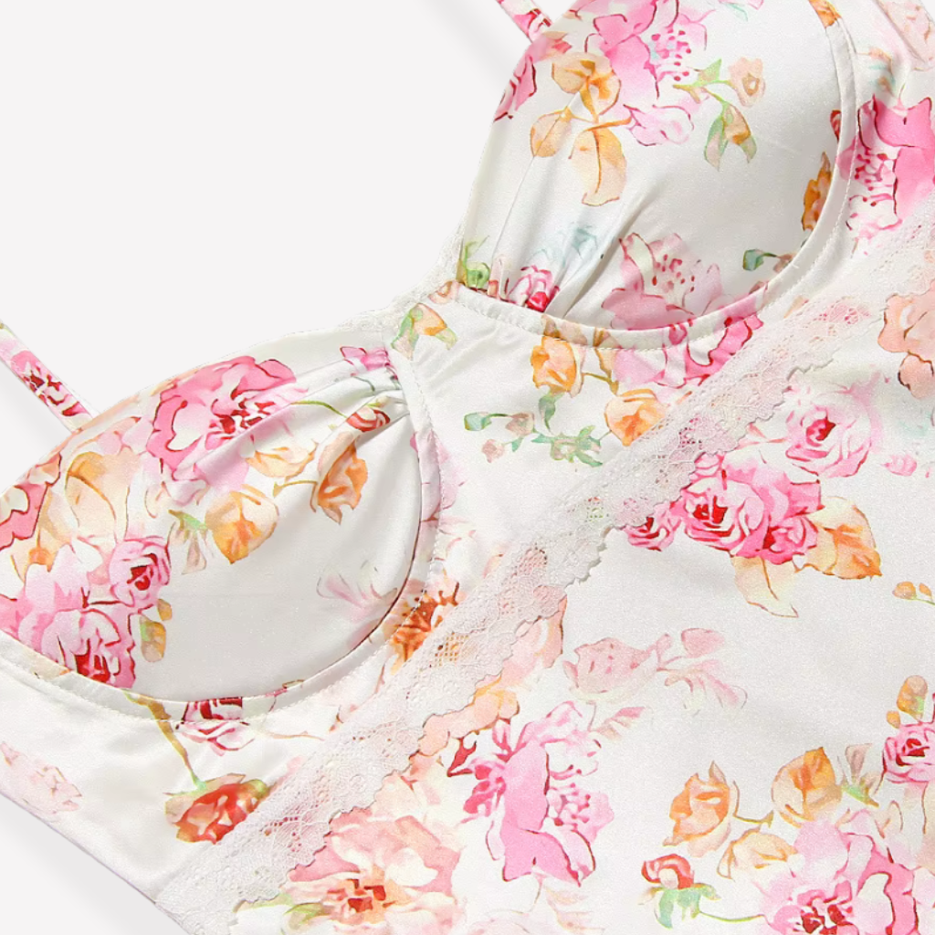 Floral-patterned bikini set on a white background