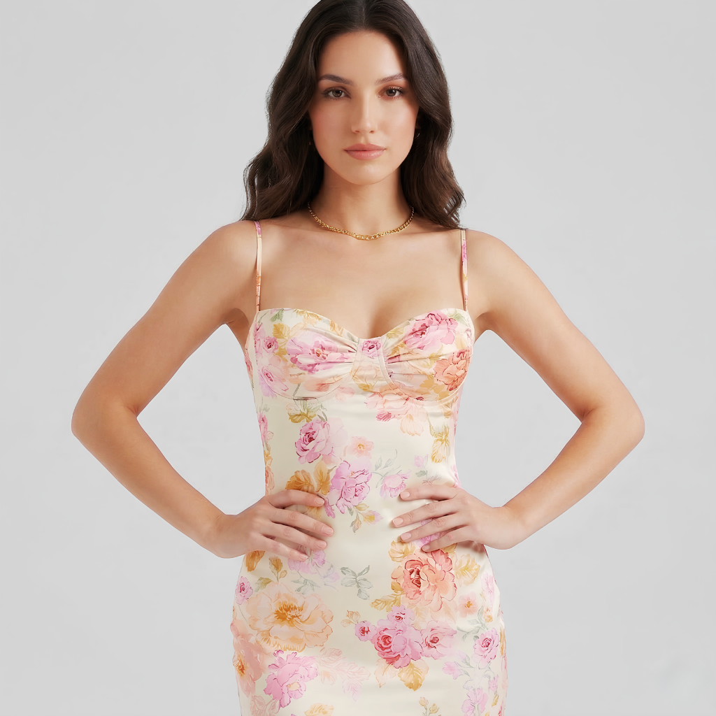 Woman wearing a floral dress on a plain background