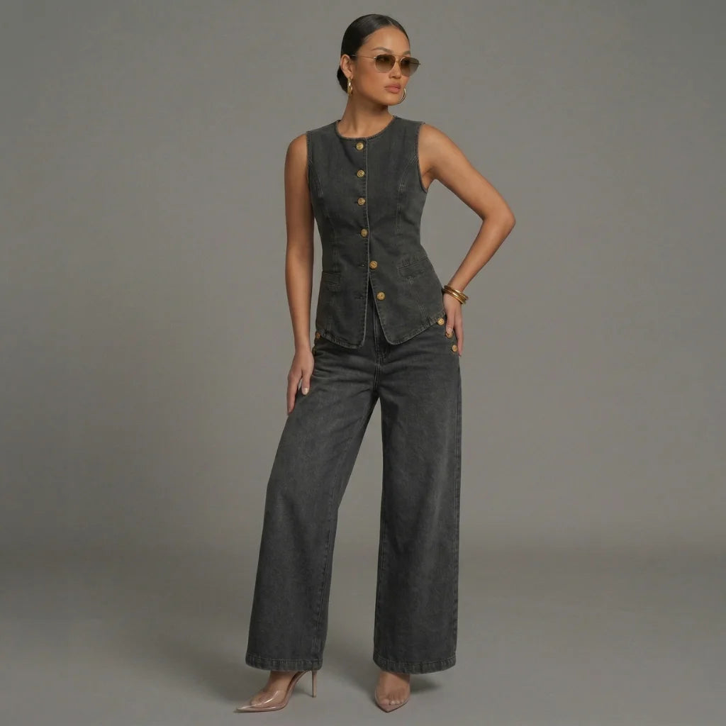 Woman wearing a dark gray sleeveless top and wide-leg pants against a gray background