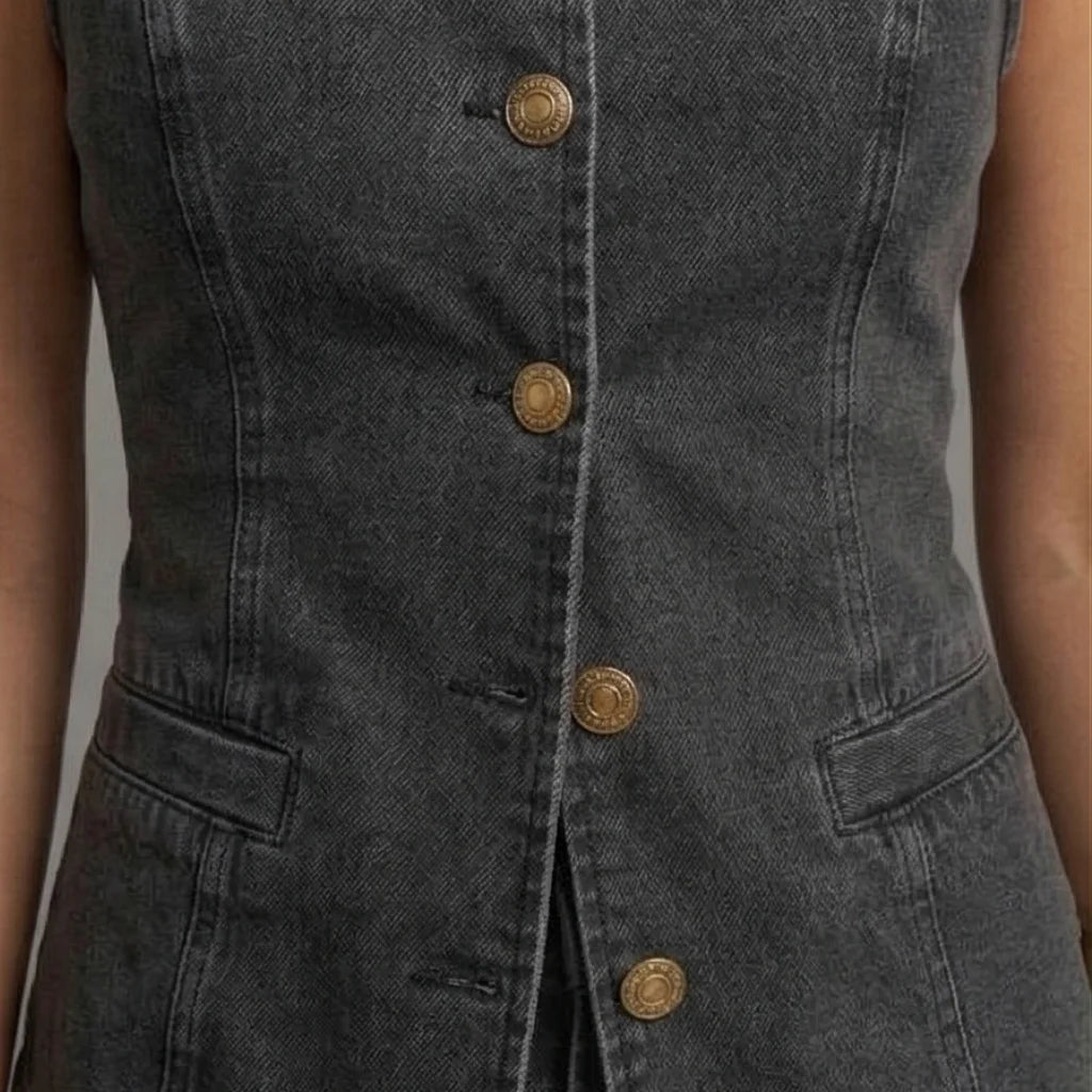 Close-up of a dark denim vest with gold buttons on a neutral background