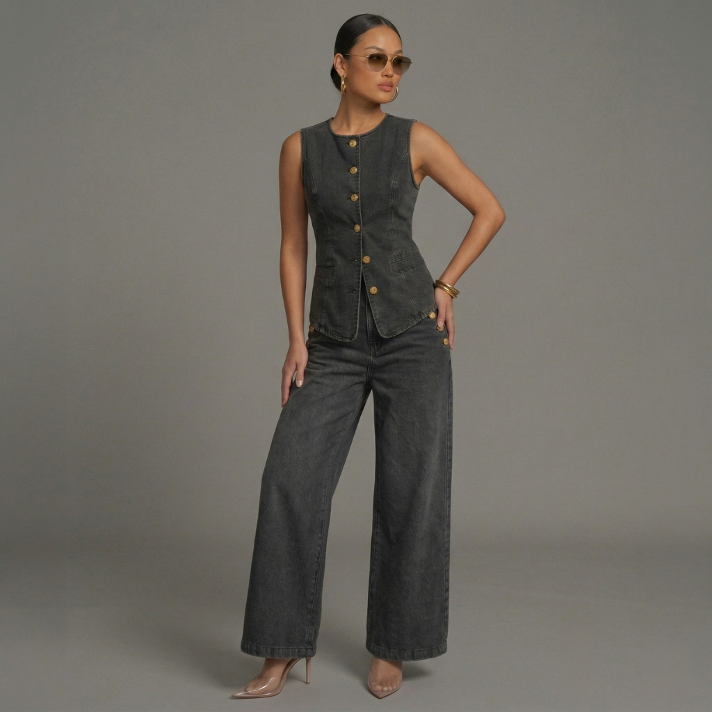 Woman wearing a dark gray sleeveless top and wide-leg pants against a gray background