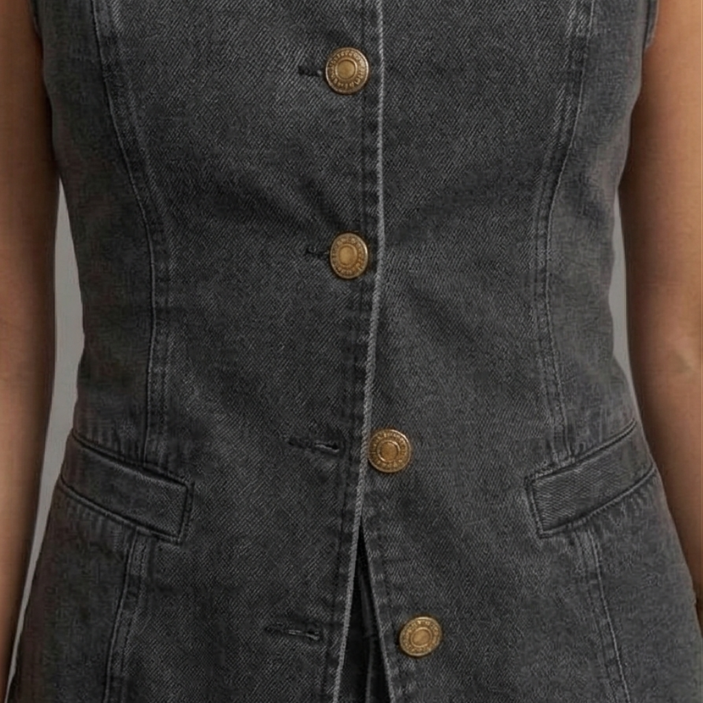 Close-up of a dark denim vest with gold buttons on a neutral background