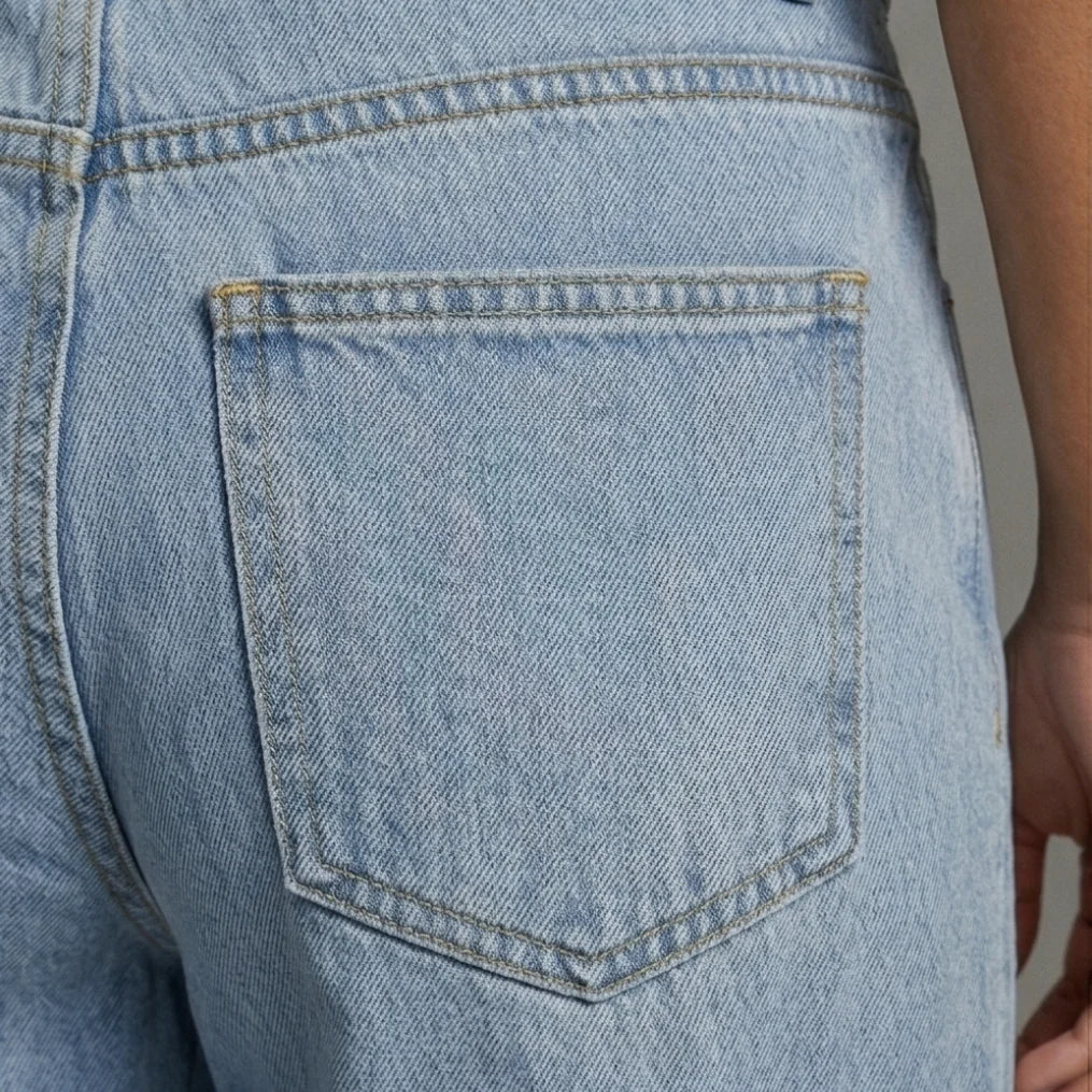 Close-up of a blue denim pocket on a garment.