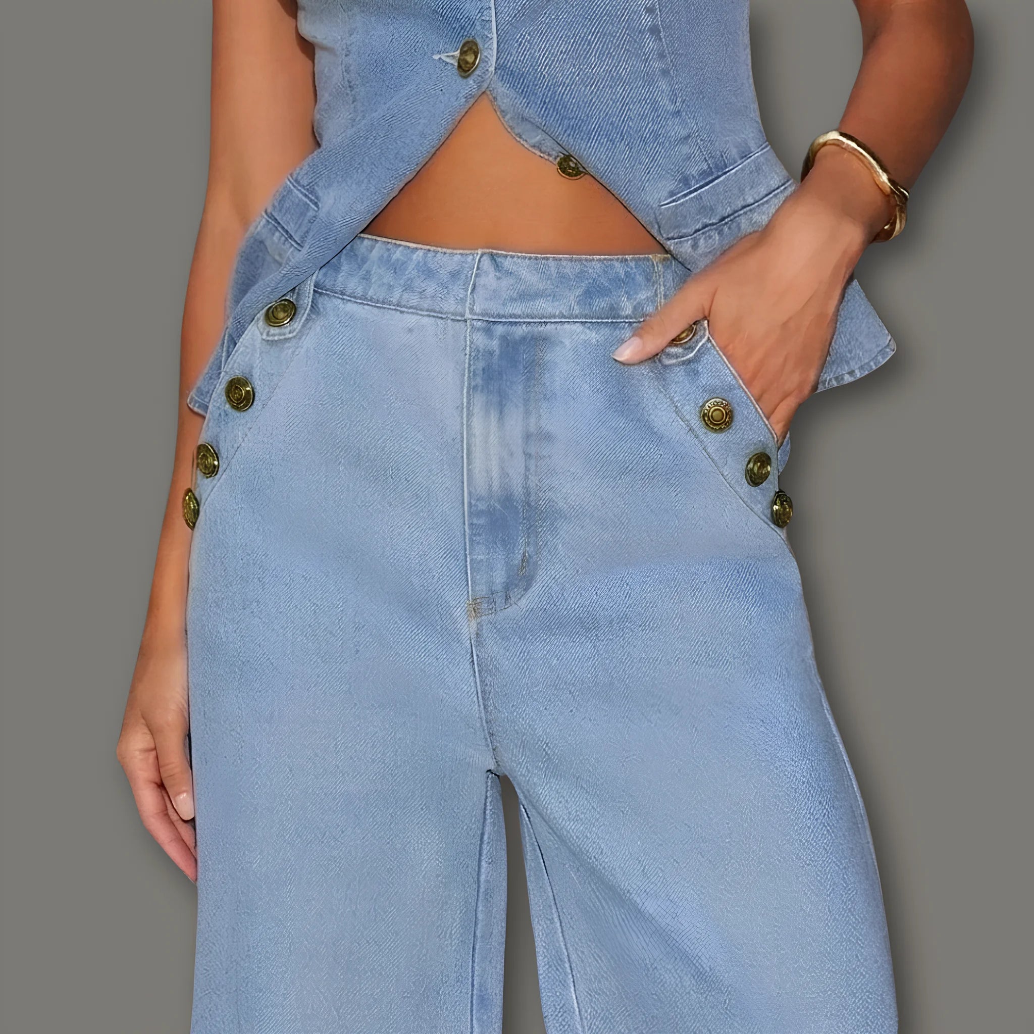 Person wearing a light blue denim outfit with gold buttons on a gray background