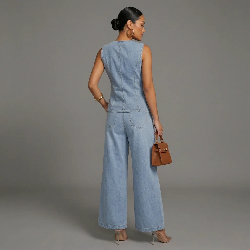 Woman wearing a denim jumpsuit holding a brown handbag against a gray background