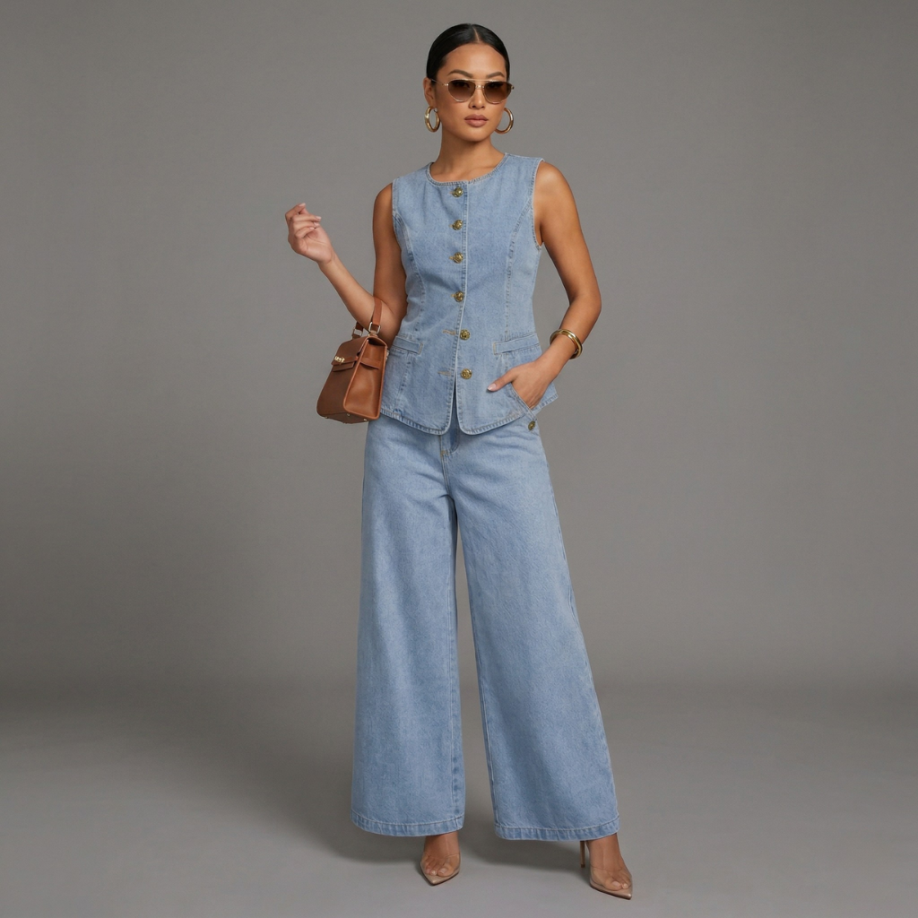 Woman wearing a denim vest and wide-leg jeans on a gray background