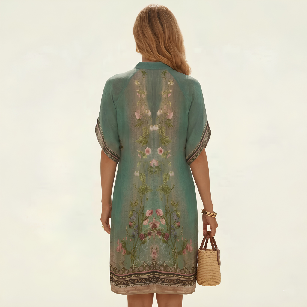 Woman wearing a green embroidered dress holding a straw bag on a light beige background