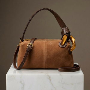 Brown leather handbag with gold accents on a marble surface against a brown background