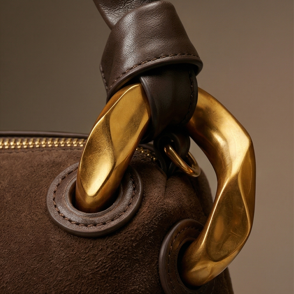Close-up of a brown leather handbag with gold clasp and handle against a neutral background