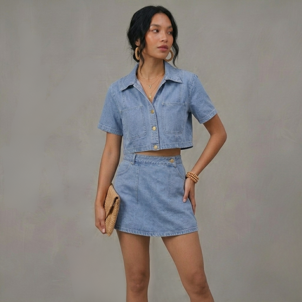 Woman wearing a denim outfit against a plain background
