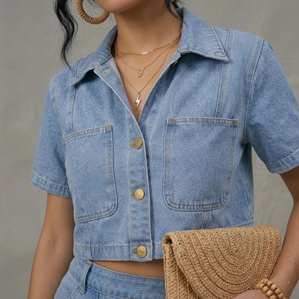 Person wearing a denim shirt and holding a woven clutch against a neutral background