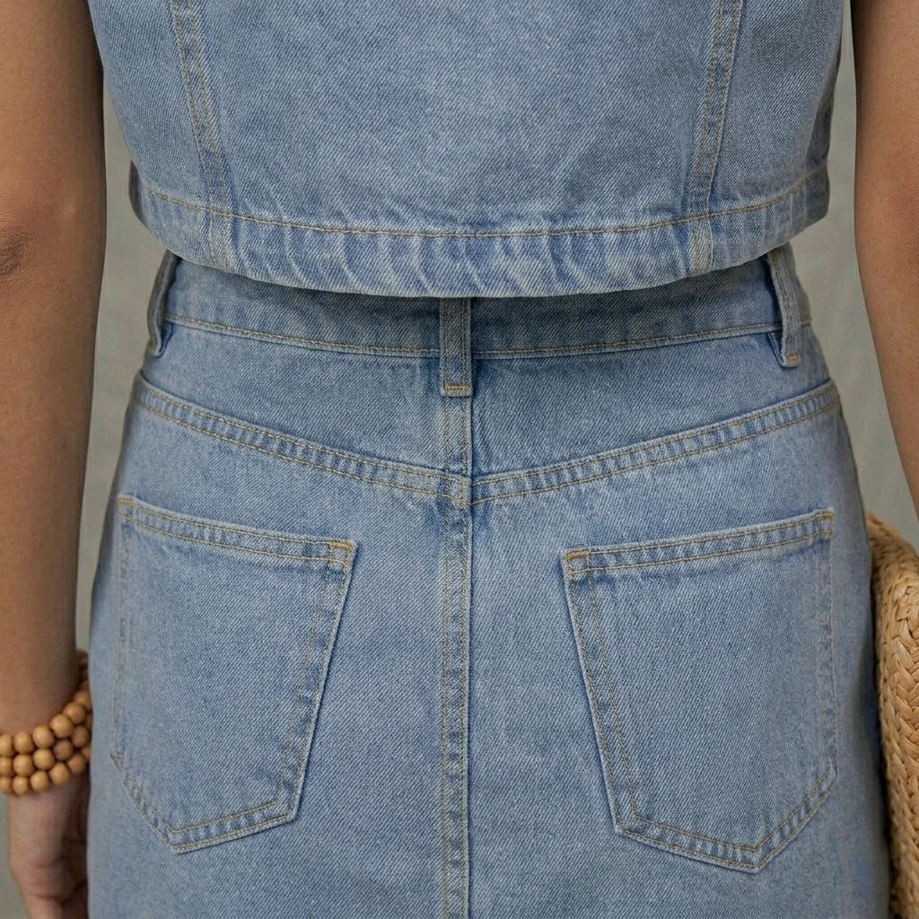 Close-up of a person wearing a light blue denim apron with a neutral background