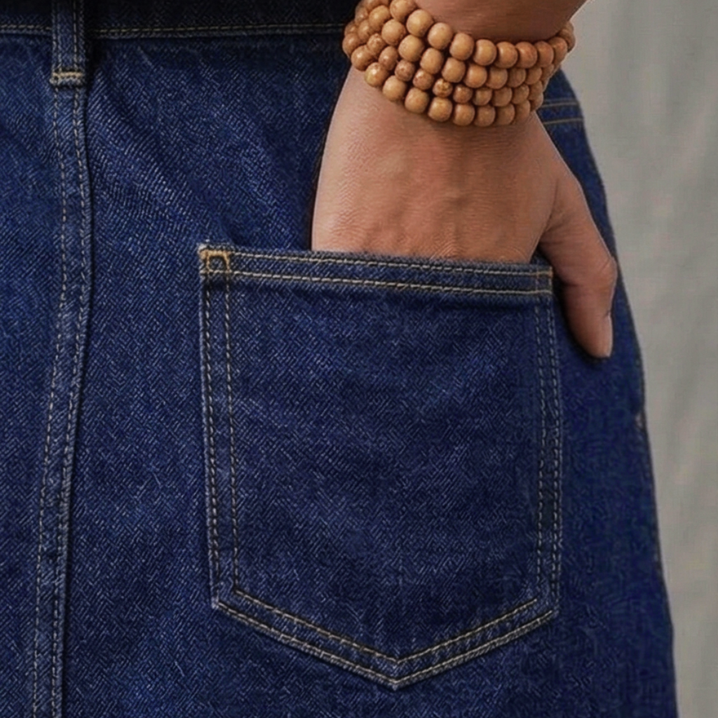 Close-up of a hand with a wooden bracelet in the pocket of blue jeans.