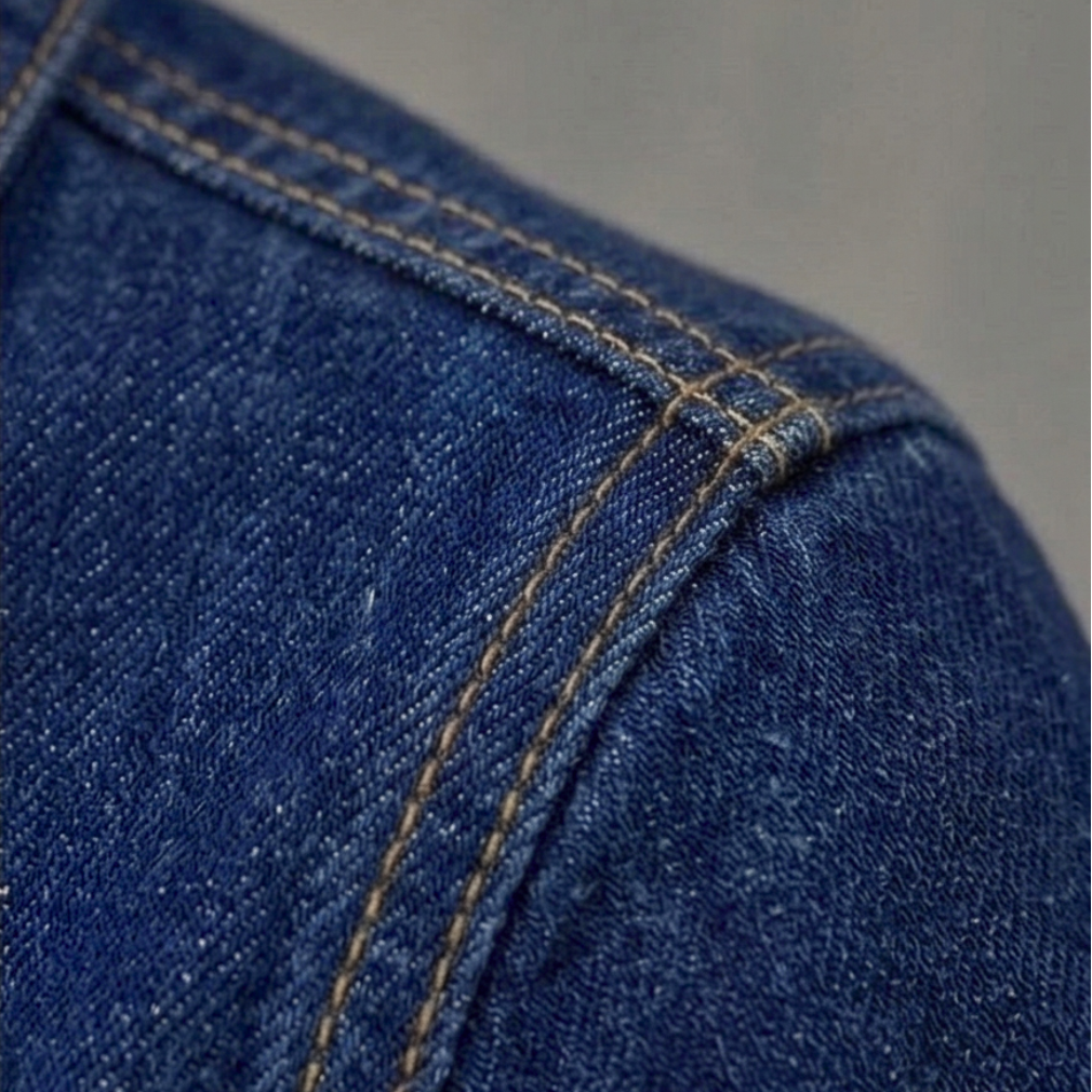 Close-up of blue denim fabric with stitching detail on a gray background