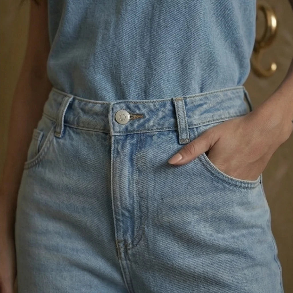 Light blue denim jeans with a button and zipper detail.