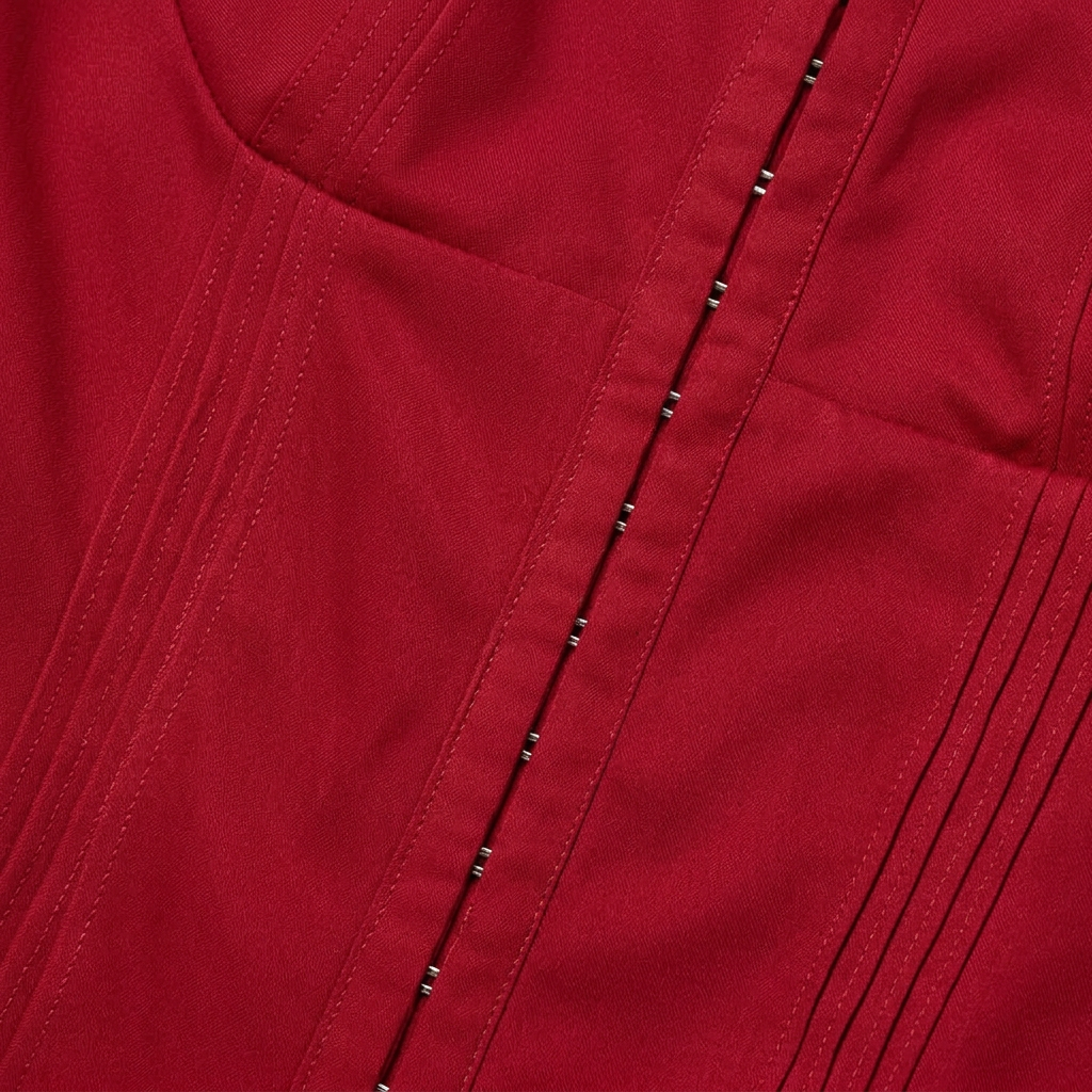 Close-up of a red fabric with stitching details