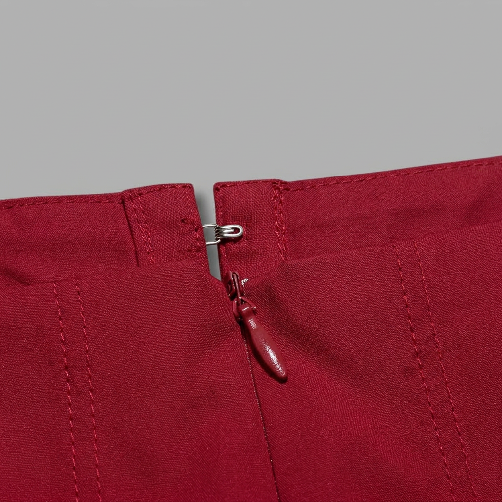 Close-up of a red zipper on a gray background