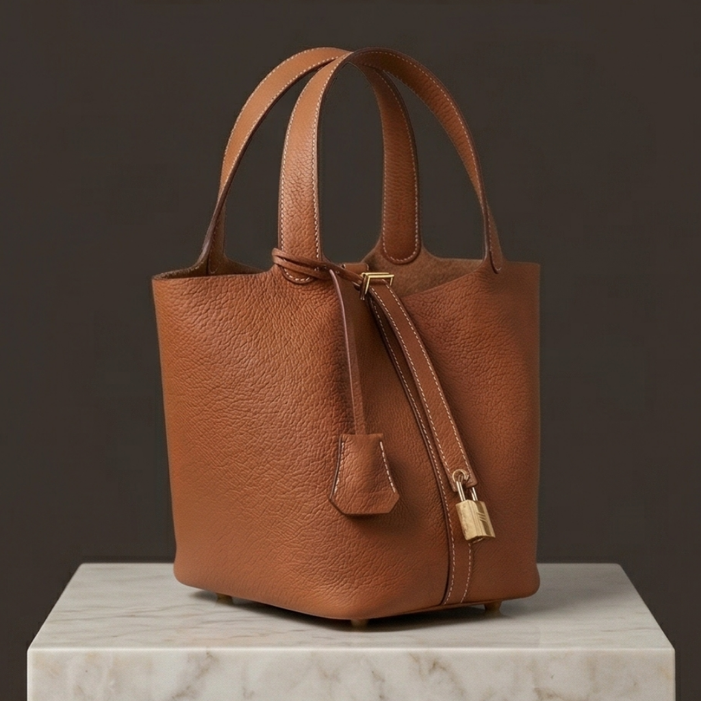 Brown leather handbag with a gold lock on a marble surface against a dark background