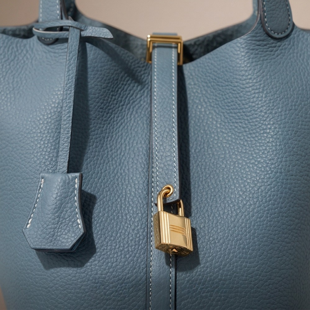 Blue leather handbag with a gold lock on a neutral background