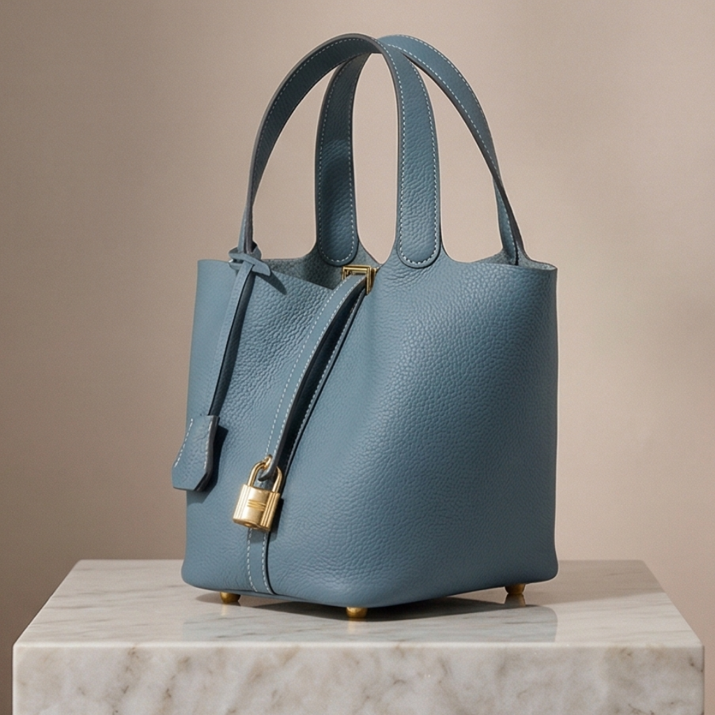 Blue handbag with a gold lock on a marble surface against a beige background