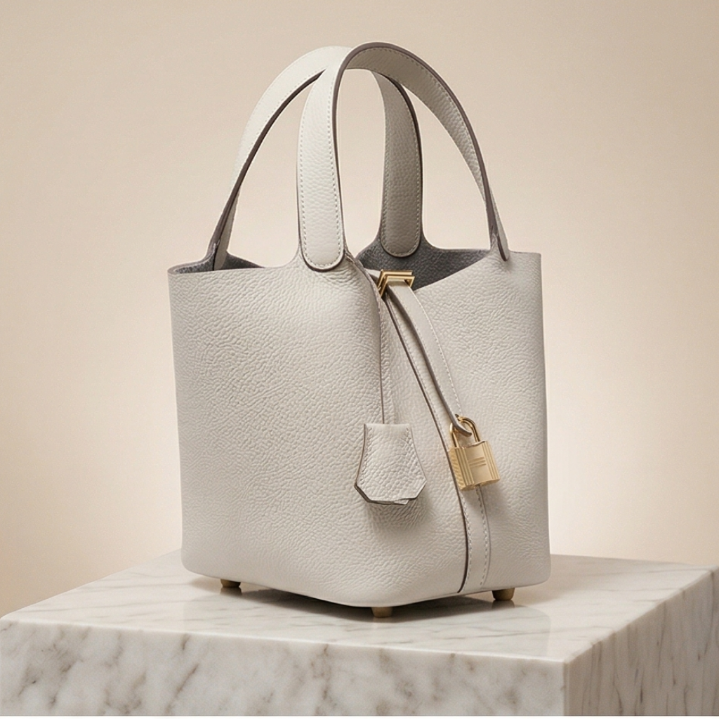 White handbag with a gold lock on a marble surface