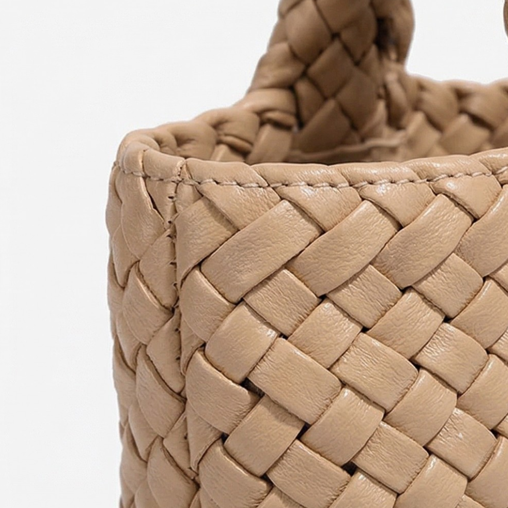 Close-up of a beige woven handbag with a plain background